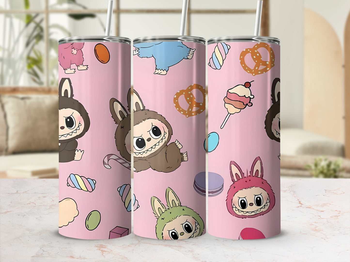 Cute Anime Character Tumbler with Candy and Pretzels Design