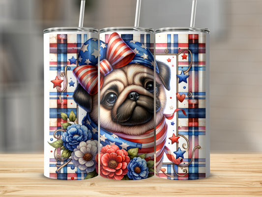 Pug wearing a patriotic bandana and bow, surrounded by flowers and stars.