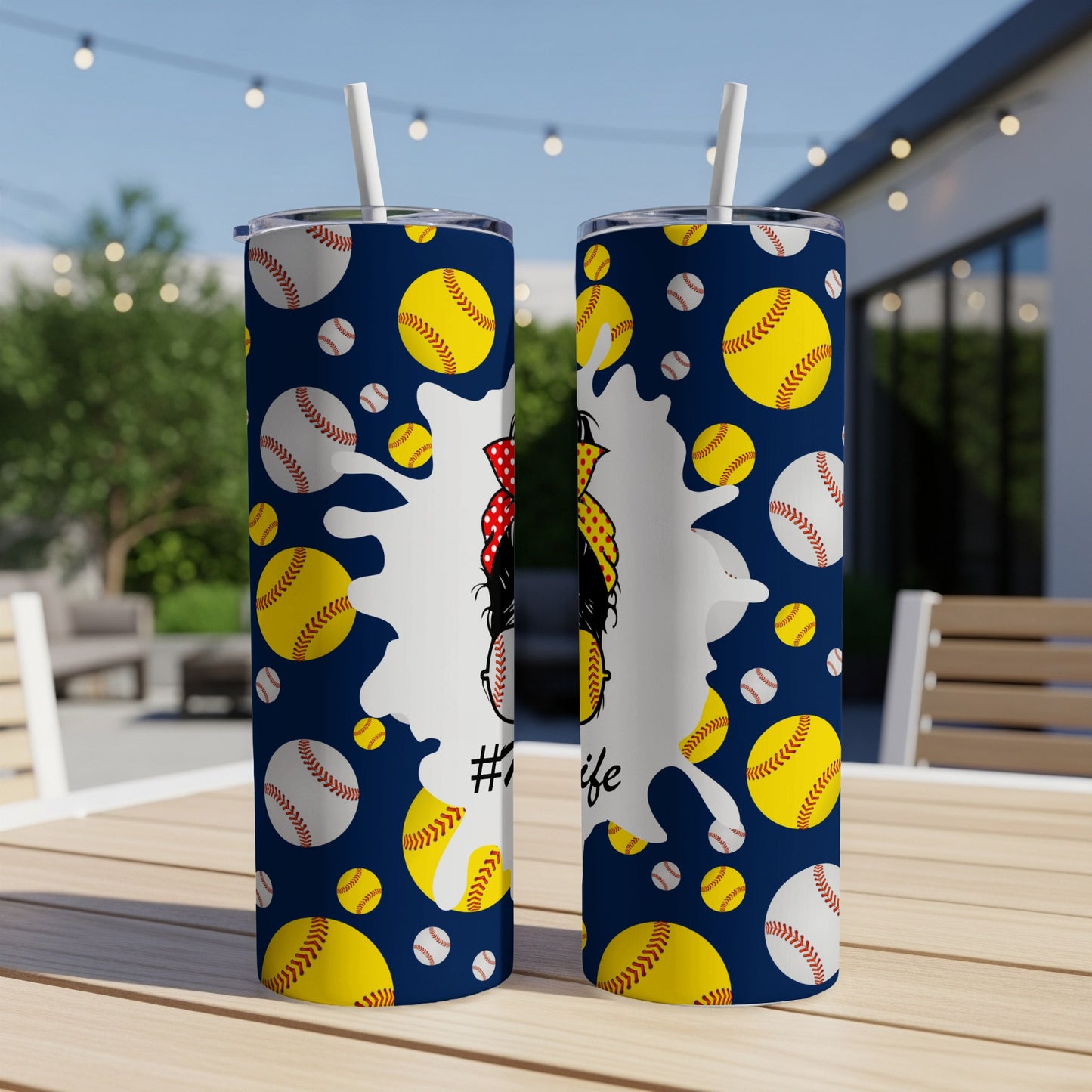 Navy blue tumbler with softball pattern and "#softballlife" text.