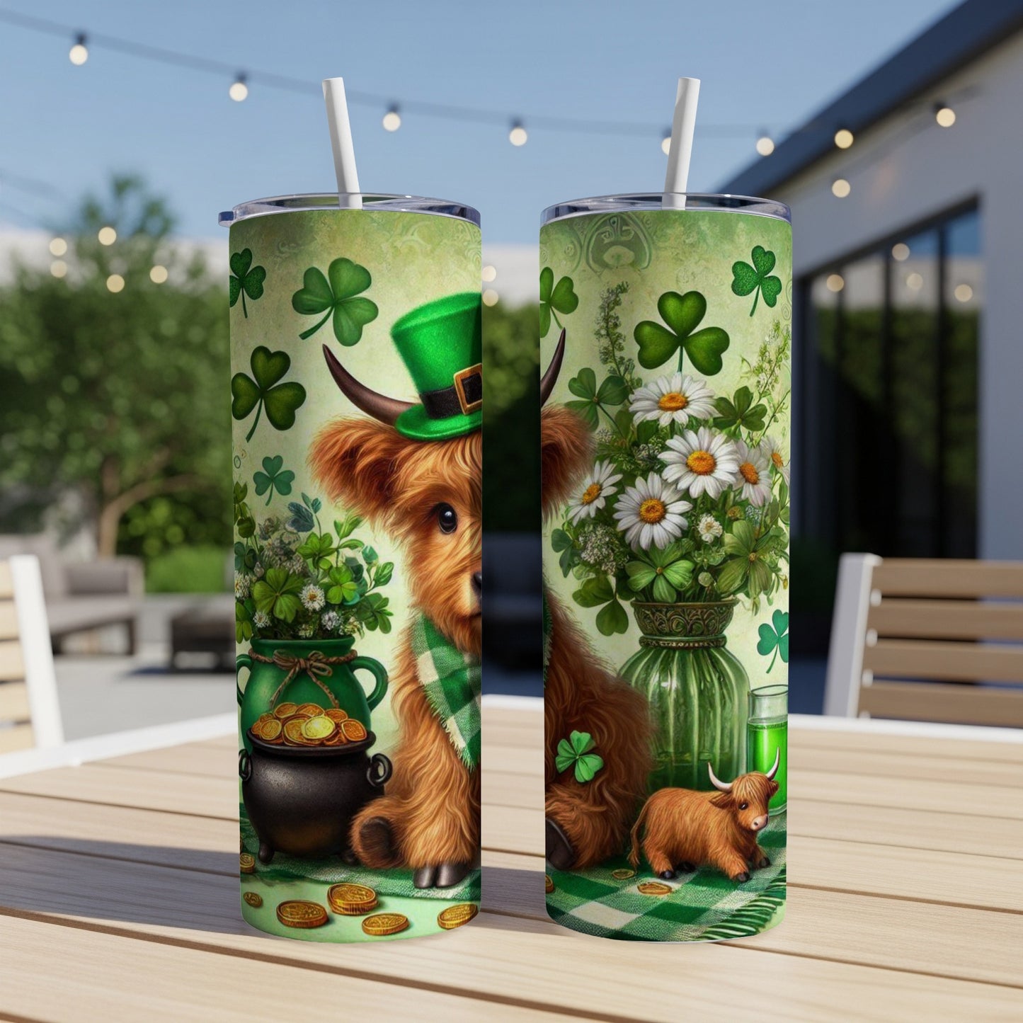 Highland cow with shamrocks and gold coins on a St. Patrick's Day tumbler.