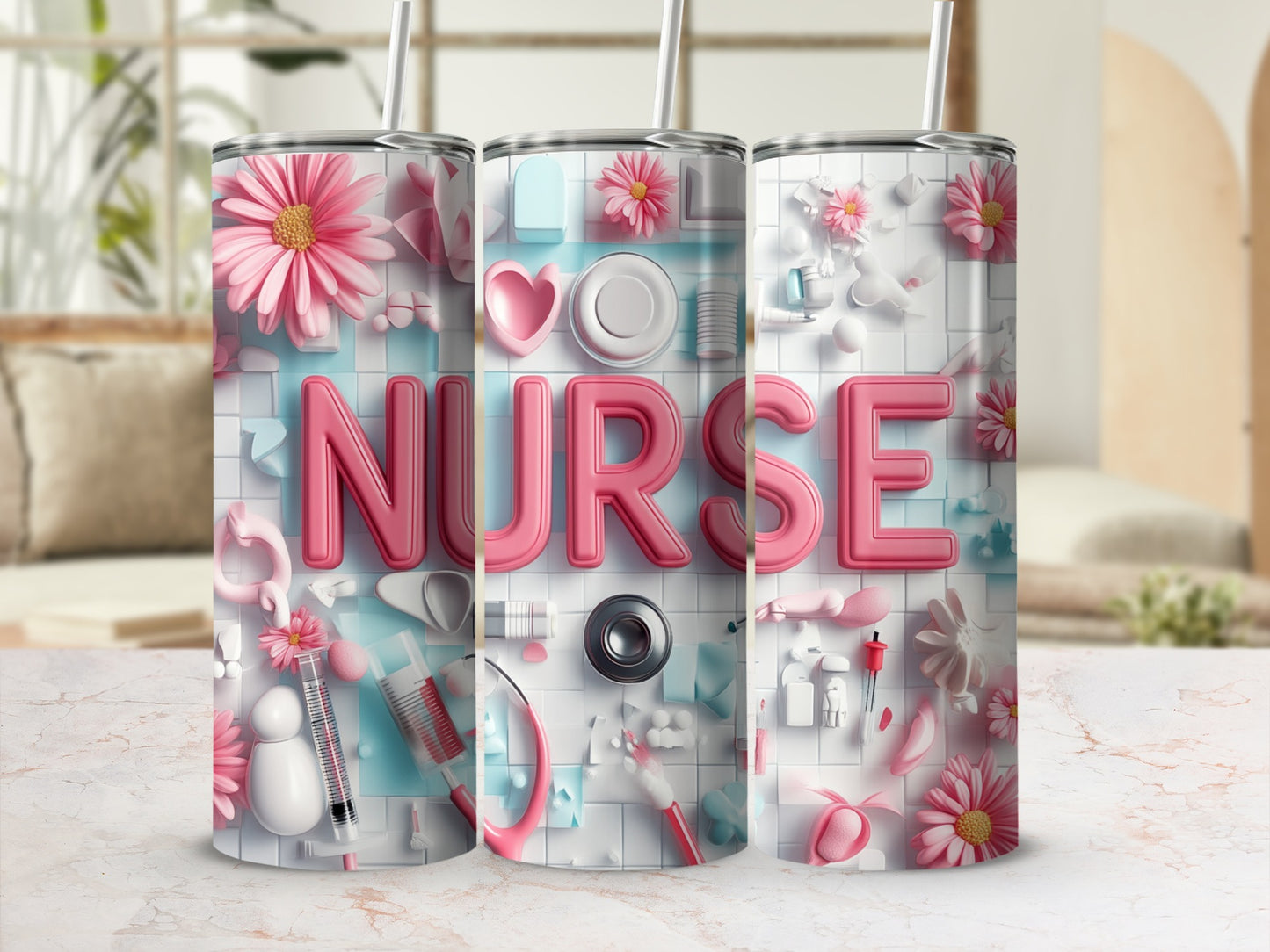 Pink tumbler with "NURSE" in 3D letters and medical icons.