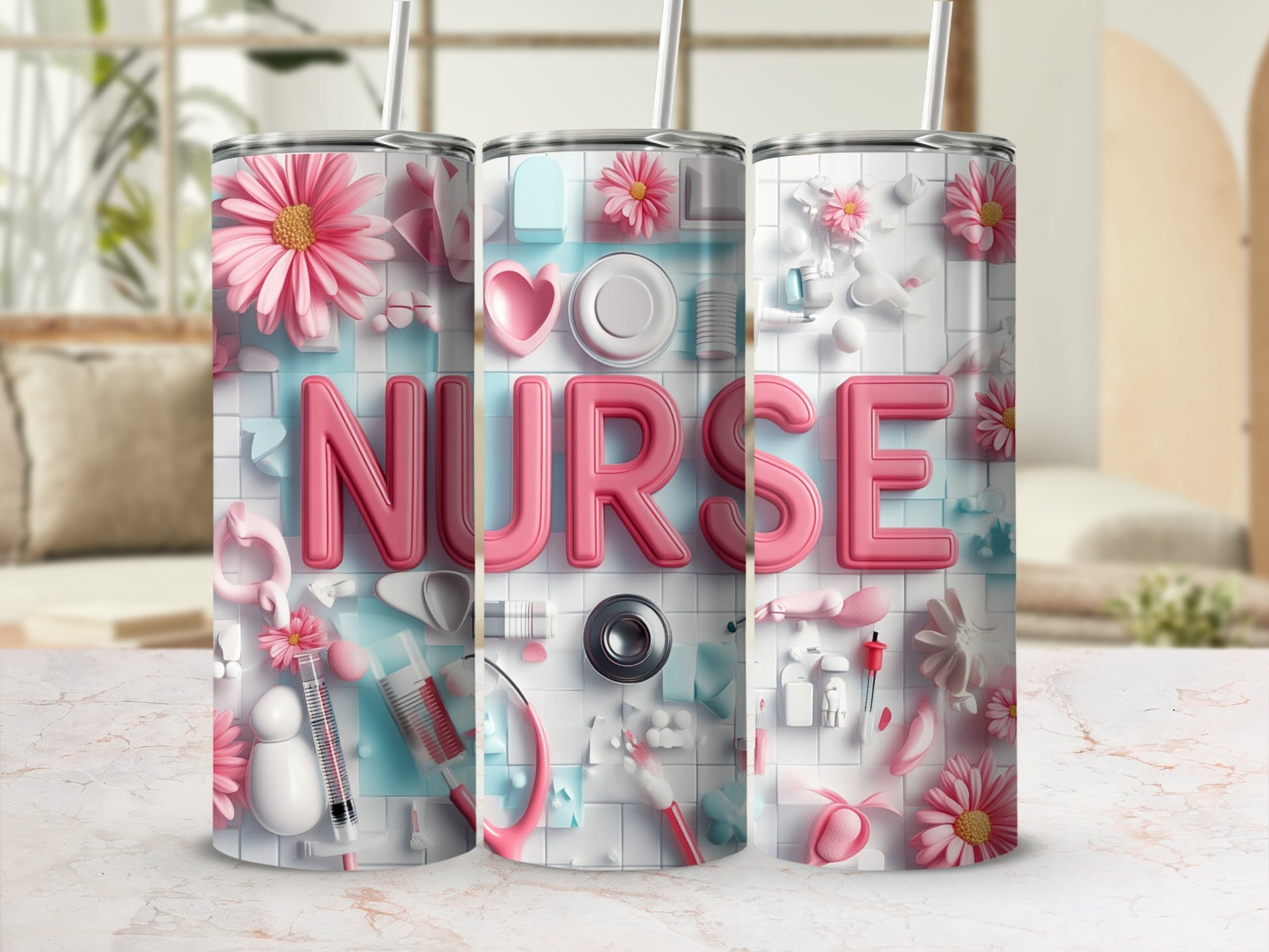 Pink tumbler with "NURSE" in 3D letters and medical icons.