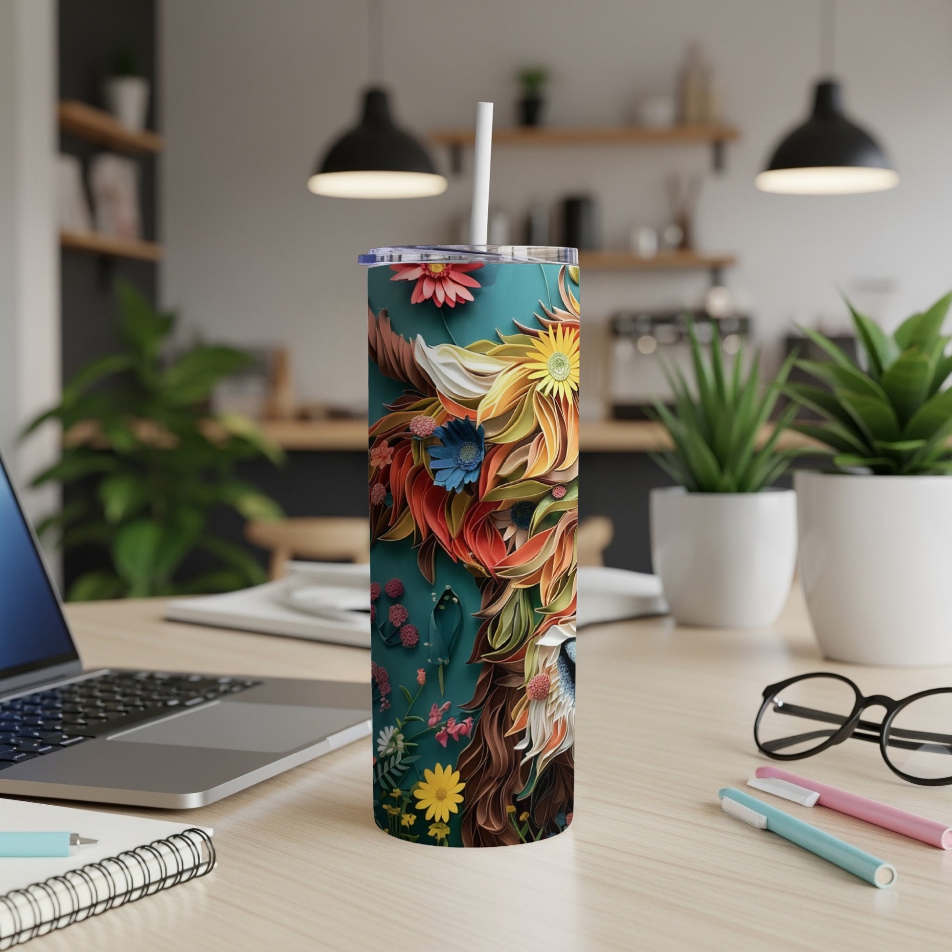 Tall tumbler with a colorful floral lion design.