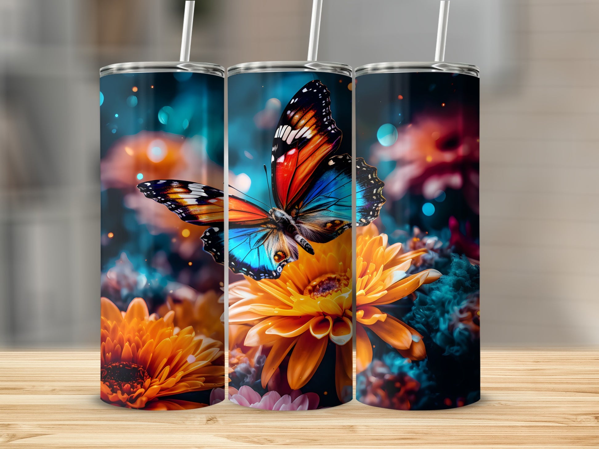 Three tumblers featuring a vibrant butterfly on a glowing orange flower.