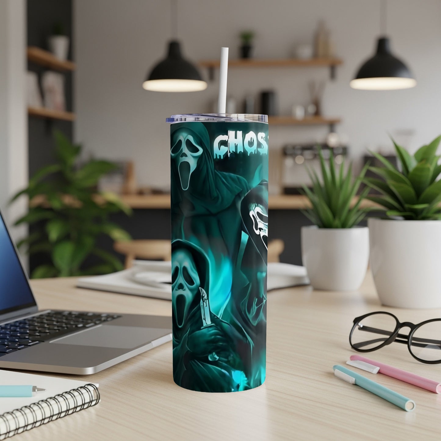 Ghostface mask pattern on a tumbler with a straw.
