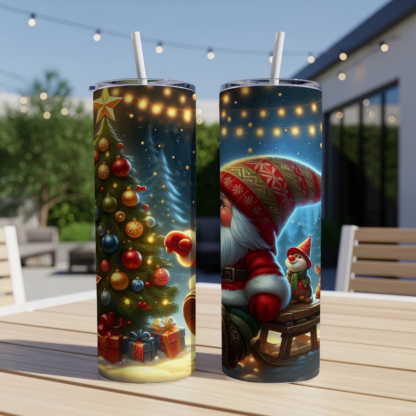 Two festive Christmas tumblers with Santa and a snowman on a table.