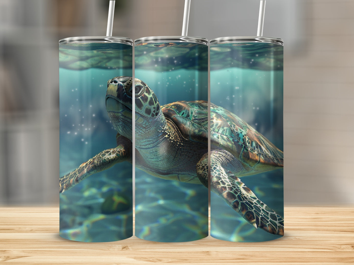 Sea turtle swims in clear blue water with sunlight filtering through.
