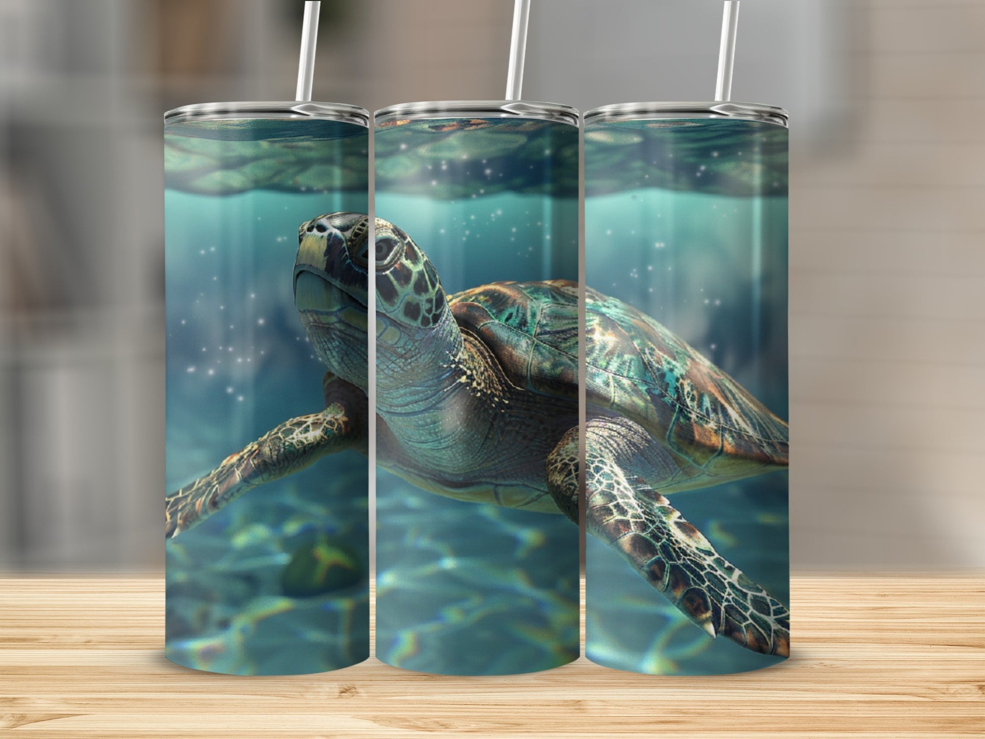 Sea turtle swims in clear blue water with sunlight filtering through.