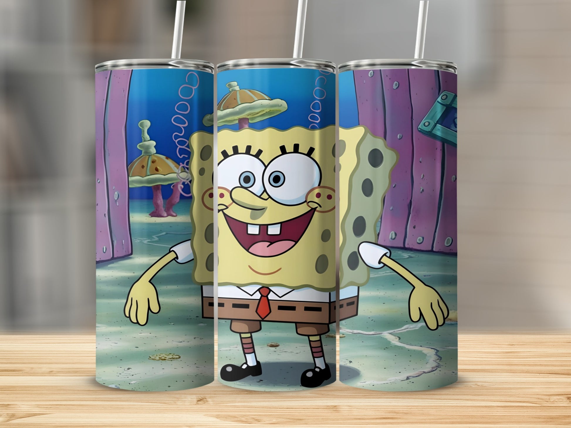 SpongeBob SquarePants character on a tumbler with a wooden surface background.