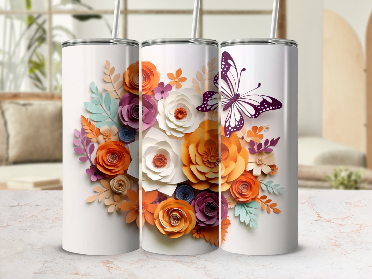 Vibrant Floral and Butterfly Design Tumbler Cup