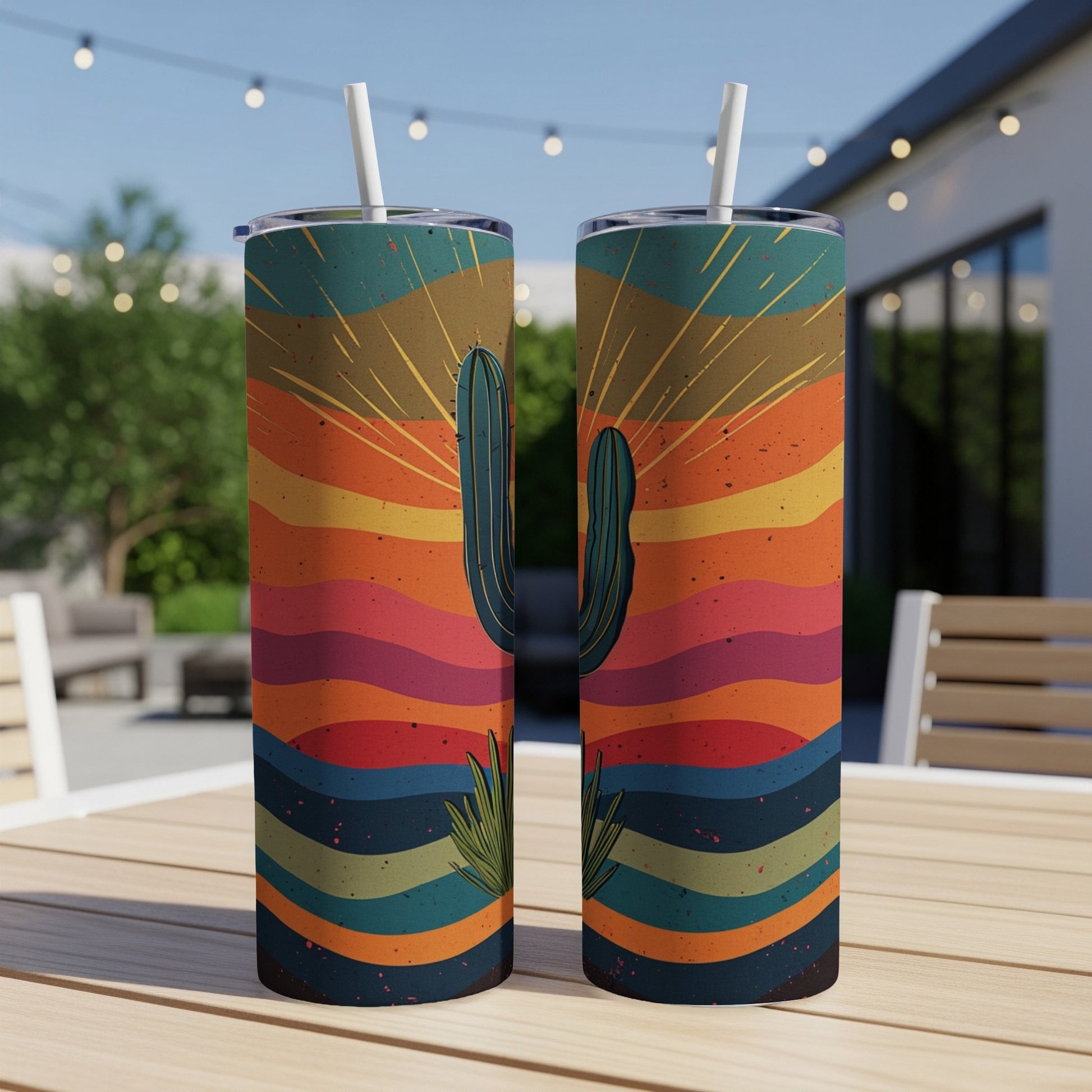 Two tumblers with a desert sunset cactus design on a table.