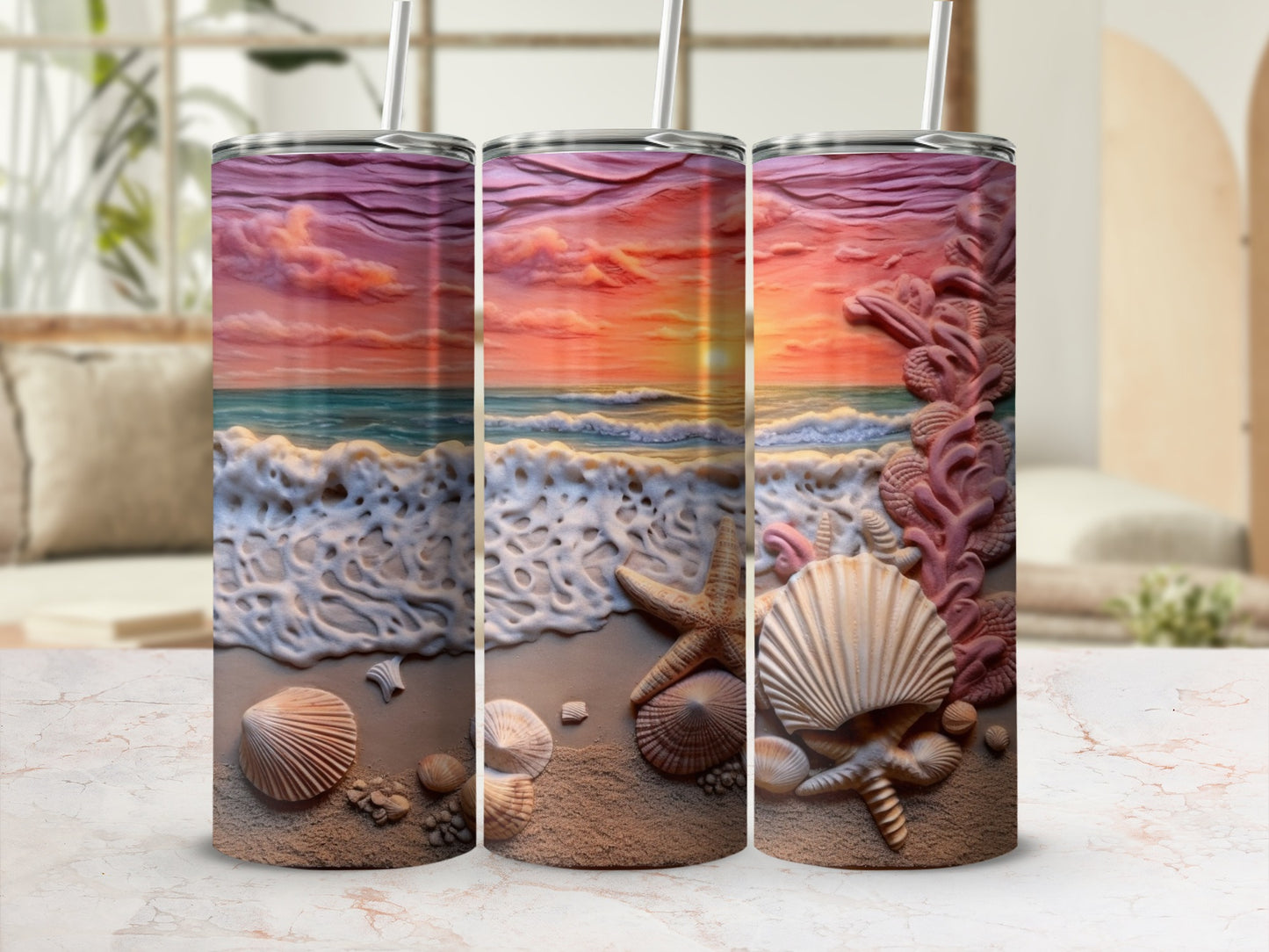 Beach scene with seashells and ocean waves on a tumbler.