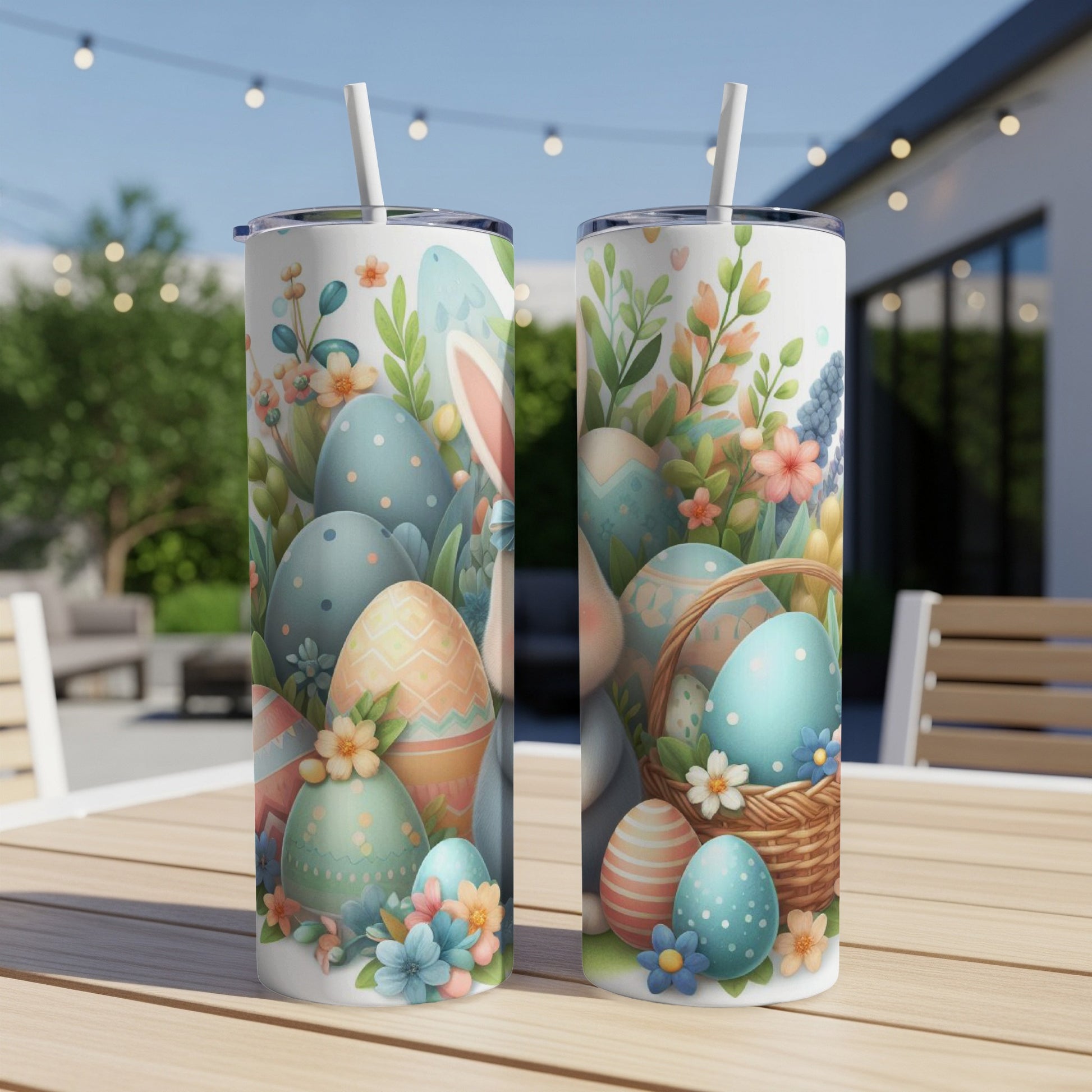 Easter eggs and flowers on a tumbler with a bunny ear peeking over.