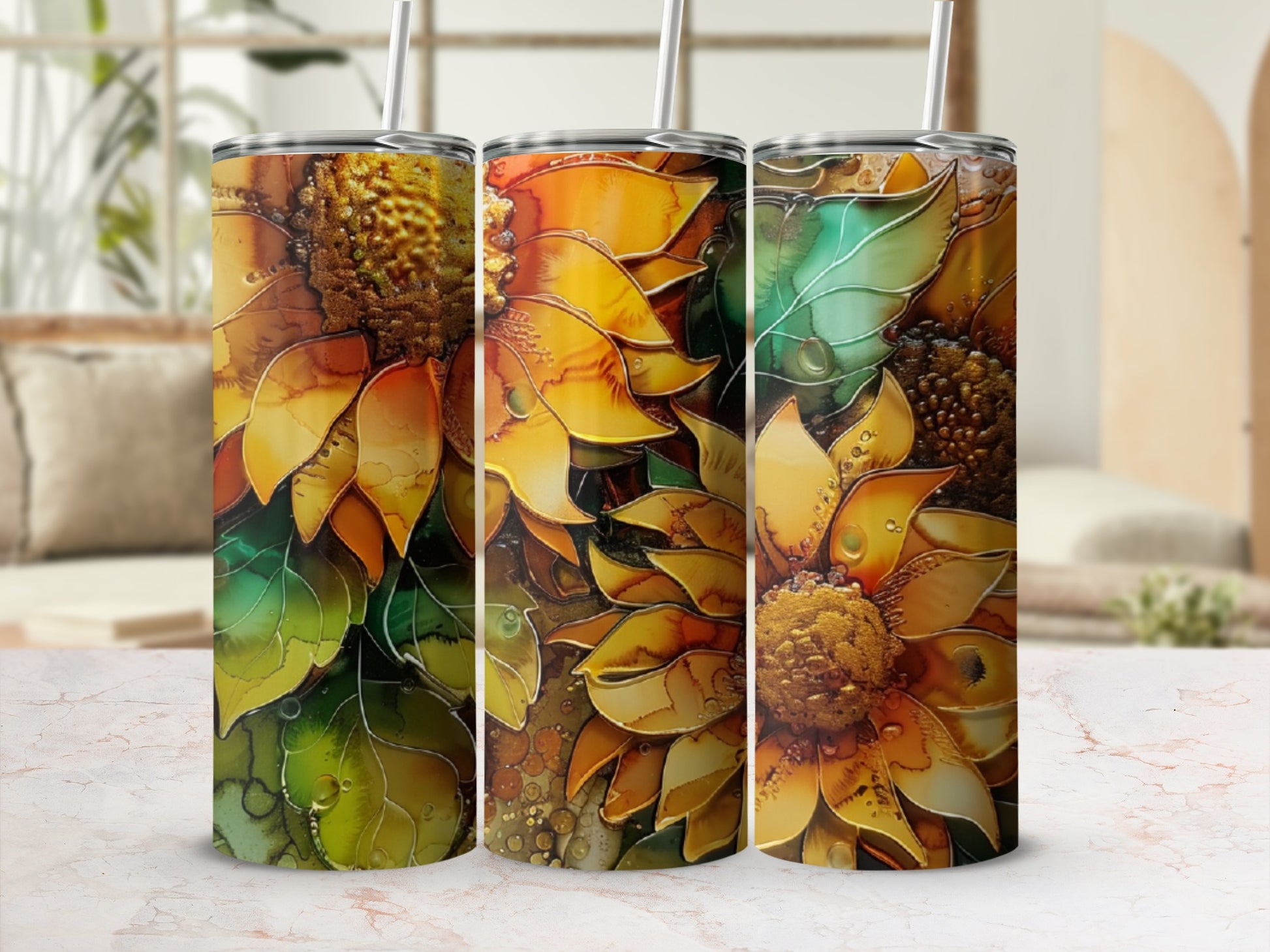 Three tumblers with a vibrant watercolor sunflower design.