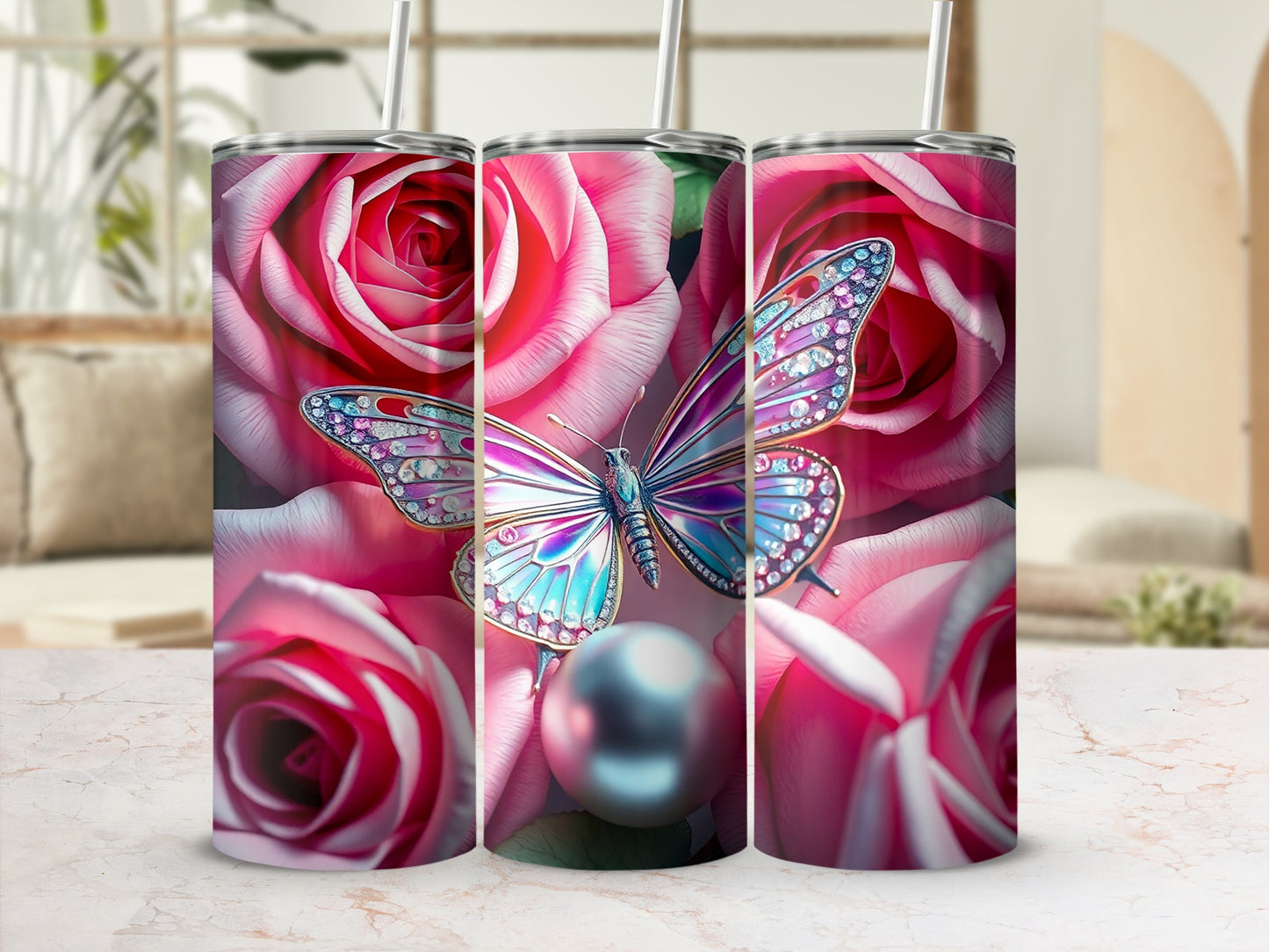 Three tumblers with pink roses and a jeweled butterfly design.