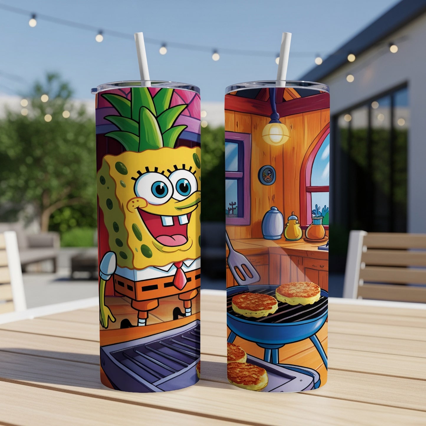 SpongeBob SquarePants on grill with Krabby Patties, outdoors.