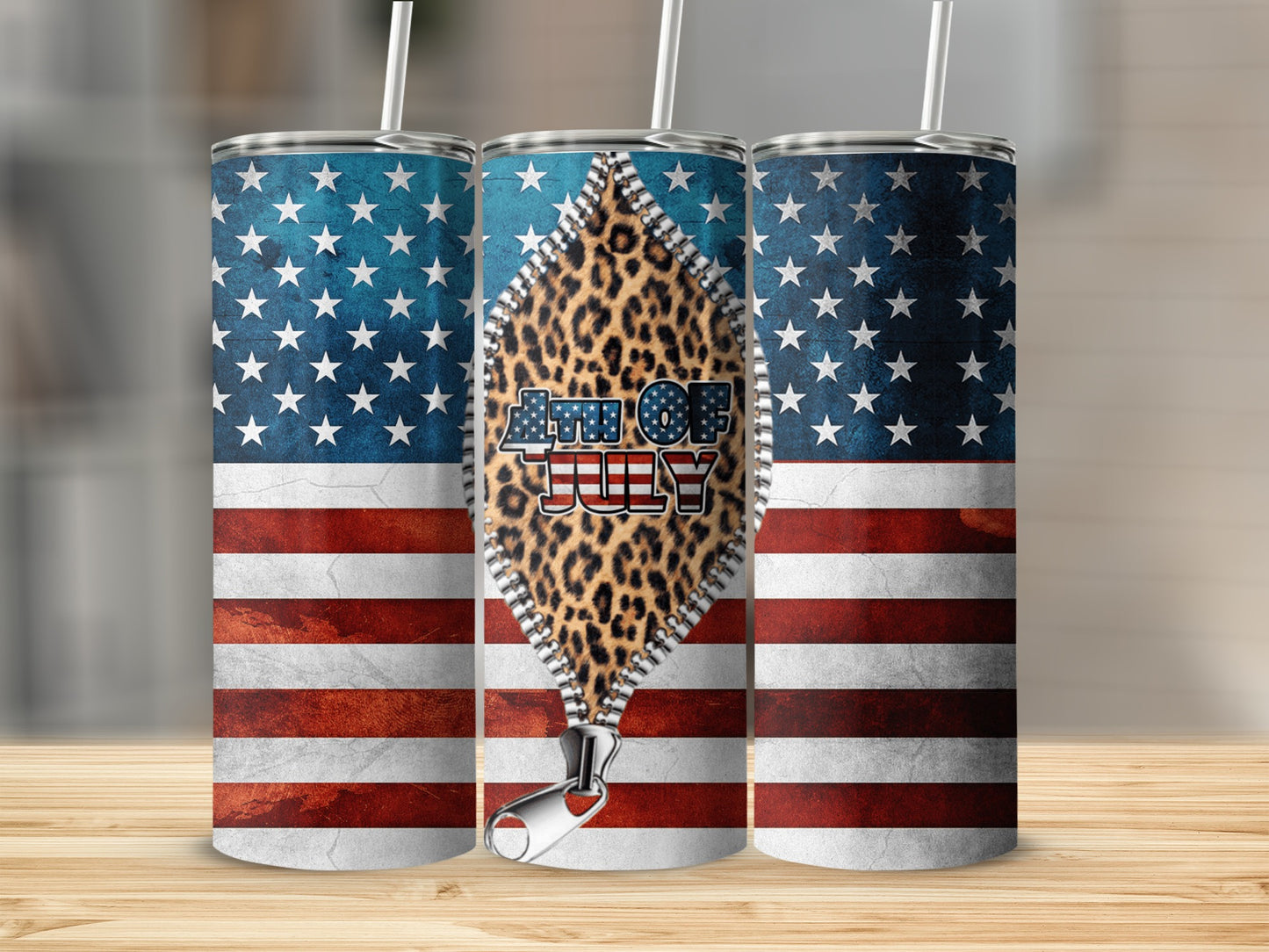 Tumbler with American flag and leopard print with "4th of July" text.