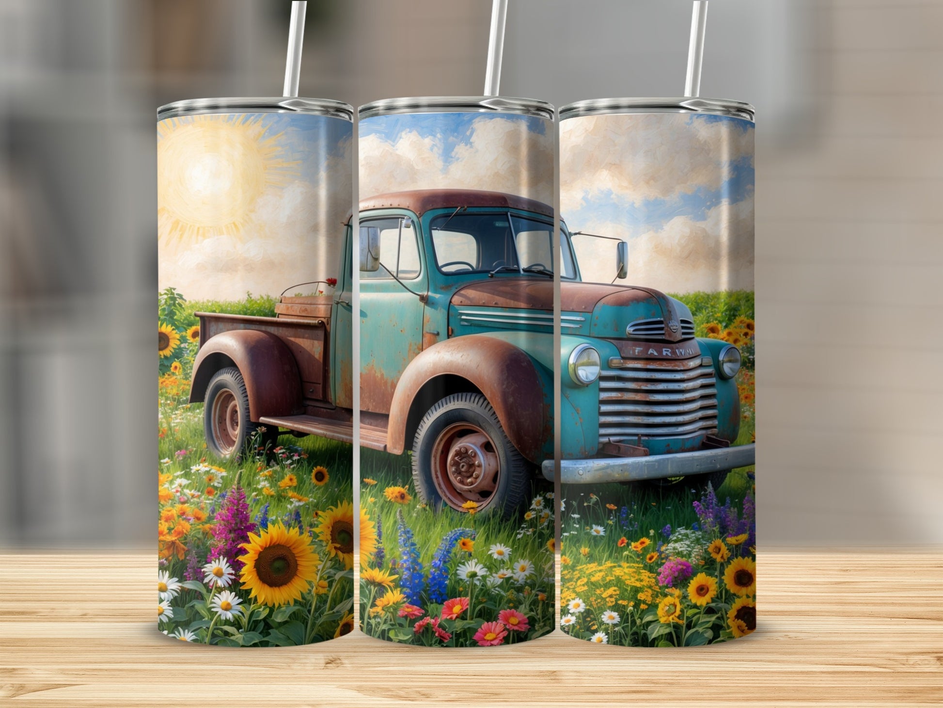 Rustic teal pickup truck in a sunflower field.