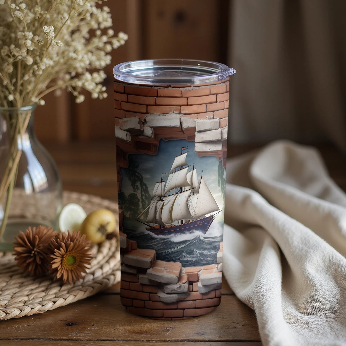 Nautical Ship Breaking Through Brick Wall Design Tumbler