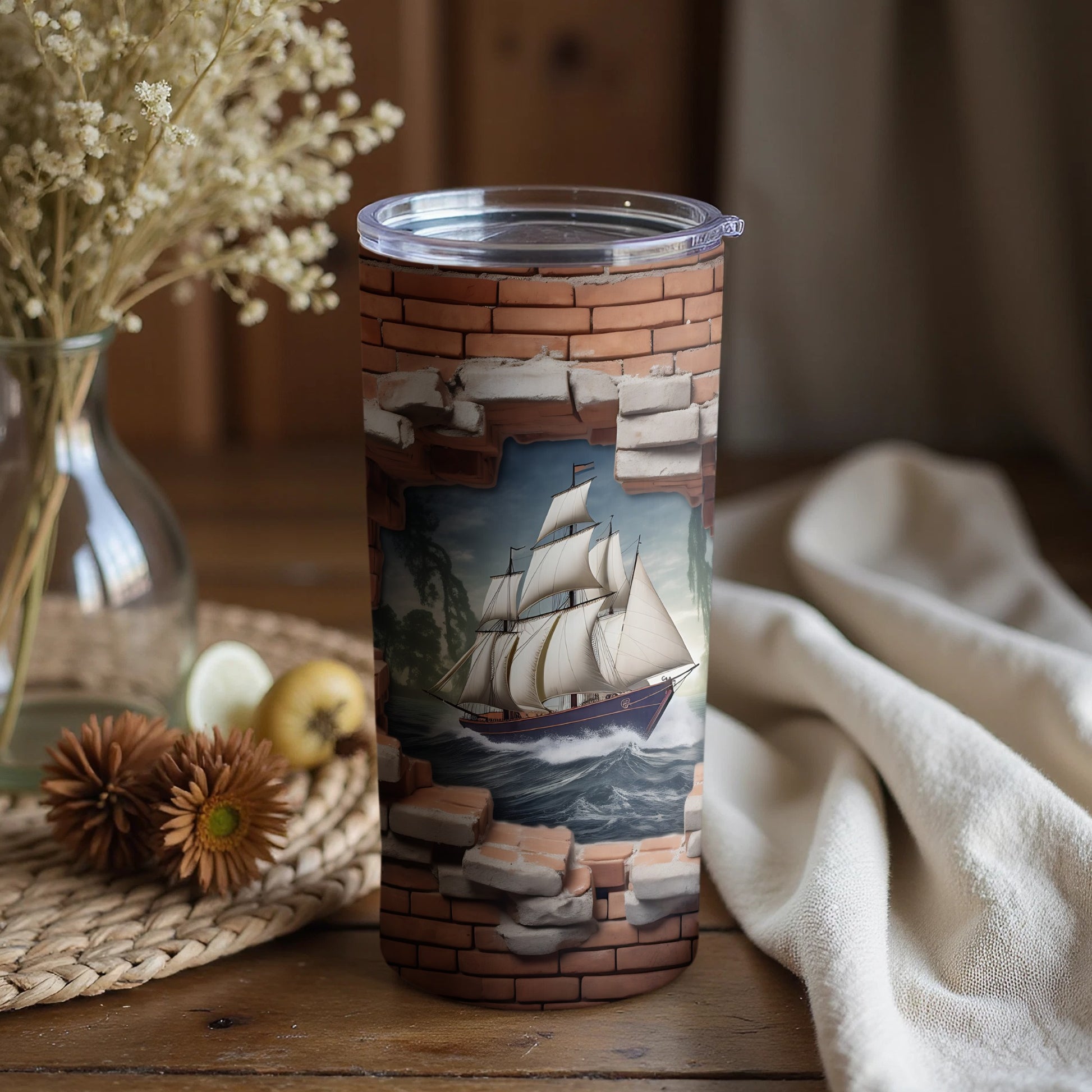 Nautical Ship Breaking Through Brick Wall Design Tumbler
