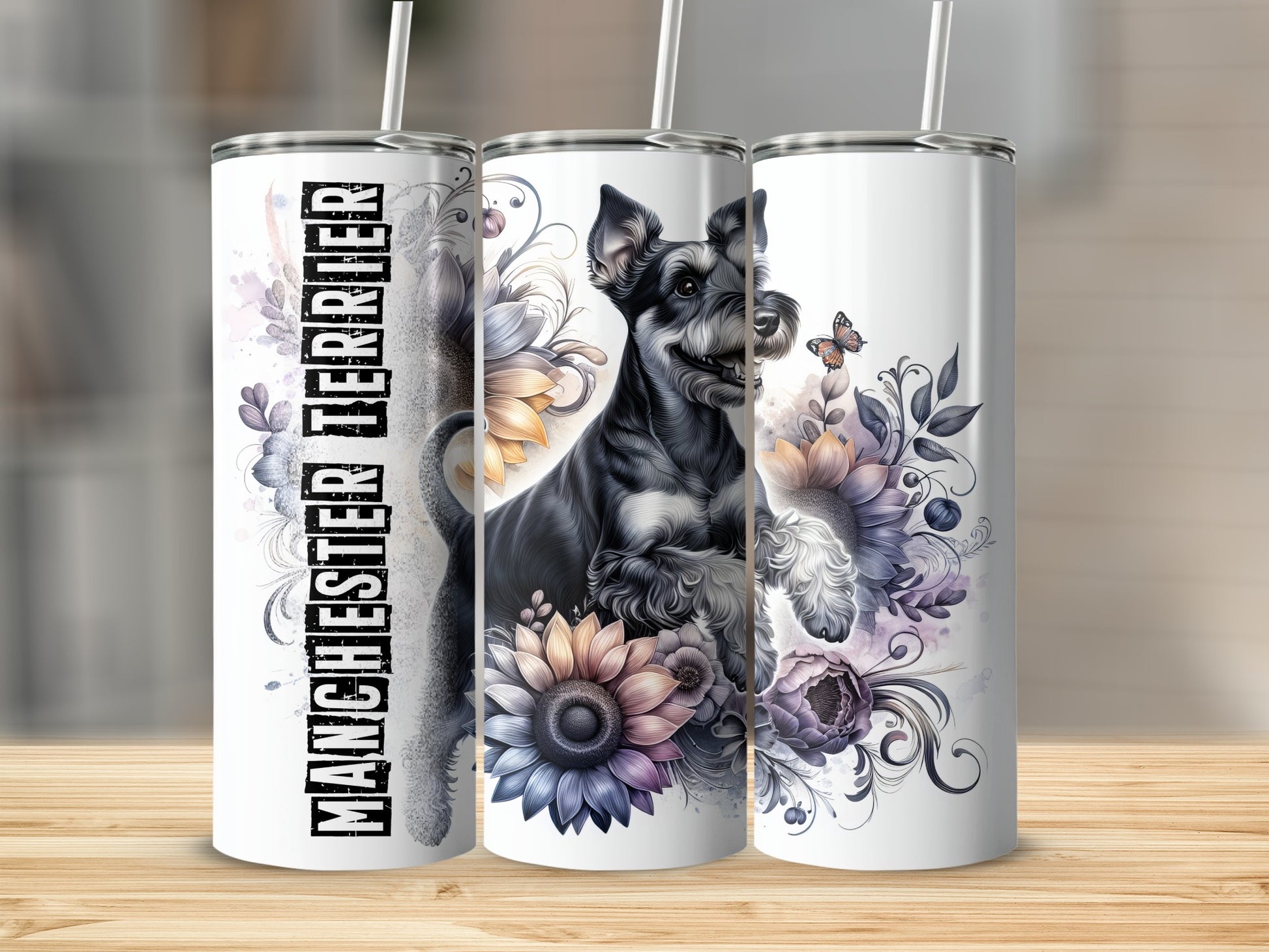 Manchester Terrier design on three tumblers with floral and butterfly accents.