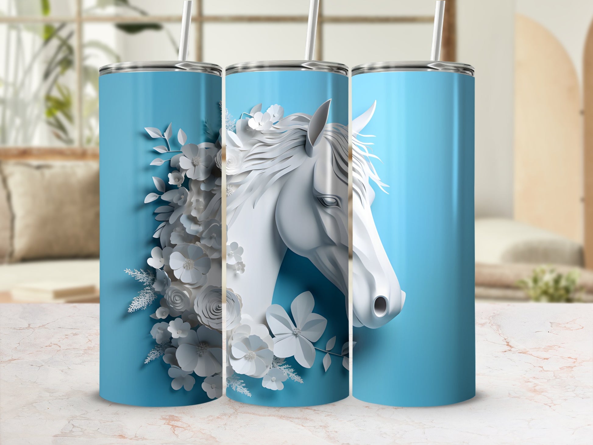 Blue tumbler with white horse and floral design.