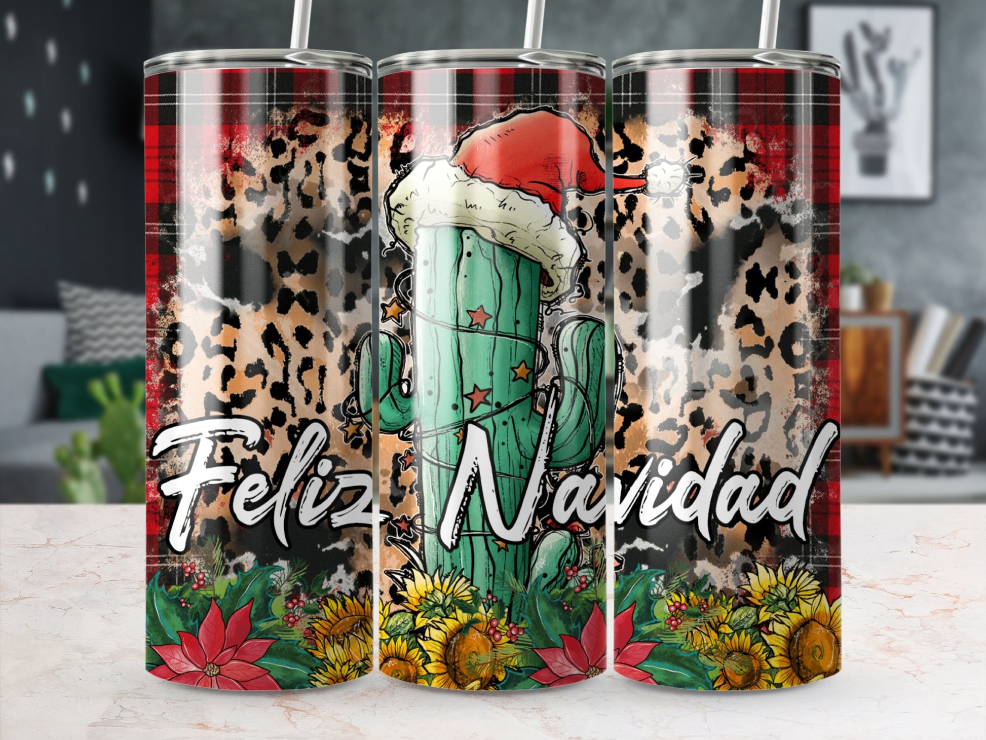 Feliz Navidad text on a festive cactus tumbler with sunflowers and plaid.