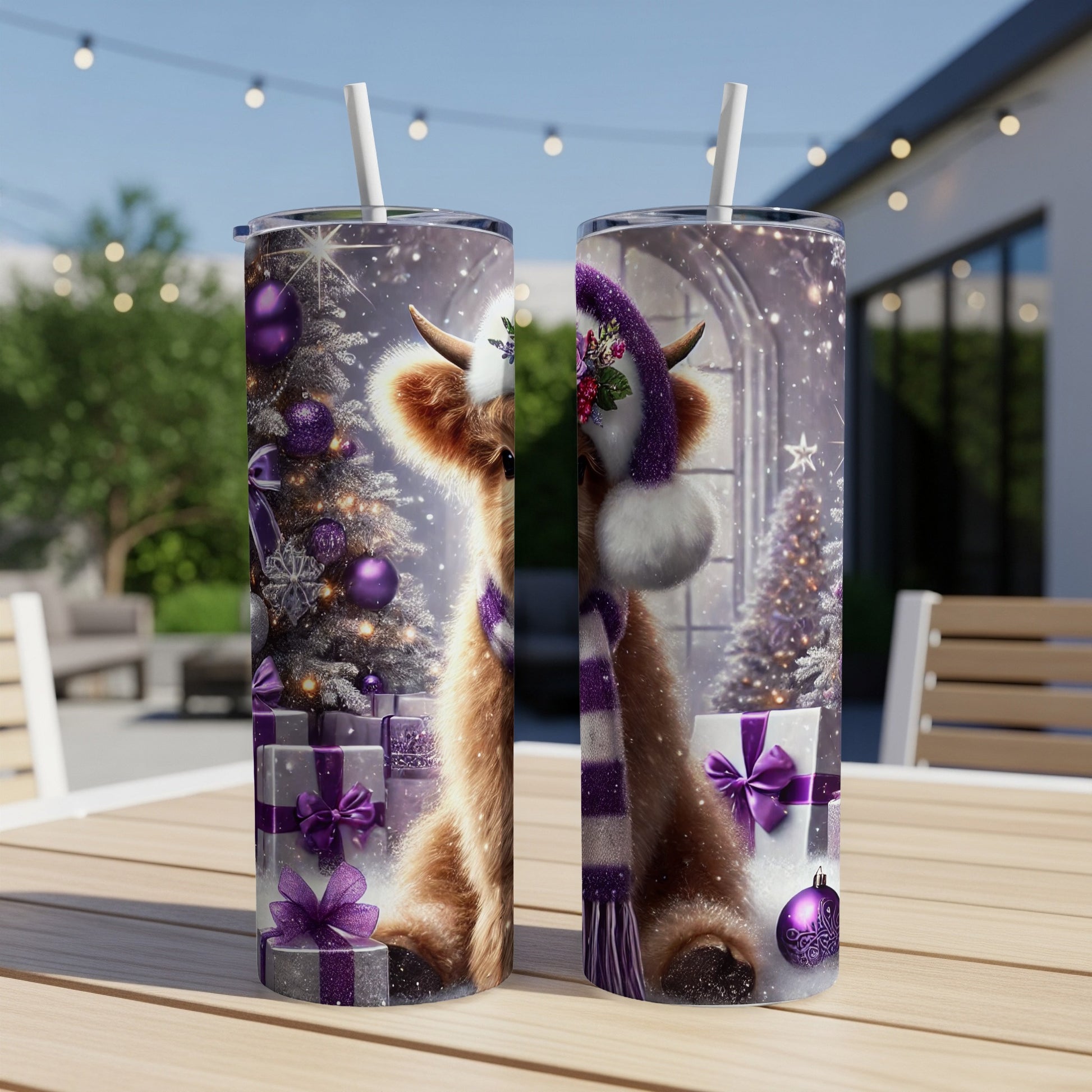 Two festive tumblers featuring a Highland cow in a Santa hat, set against a Christmas tree.