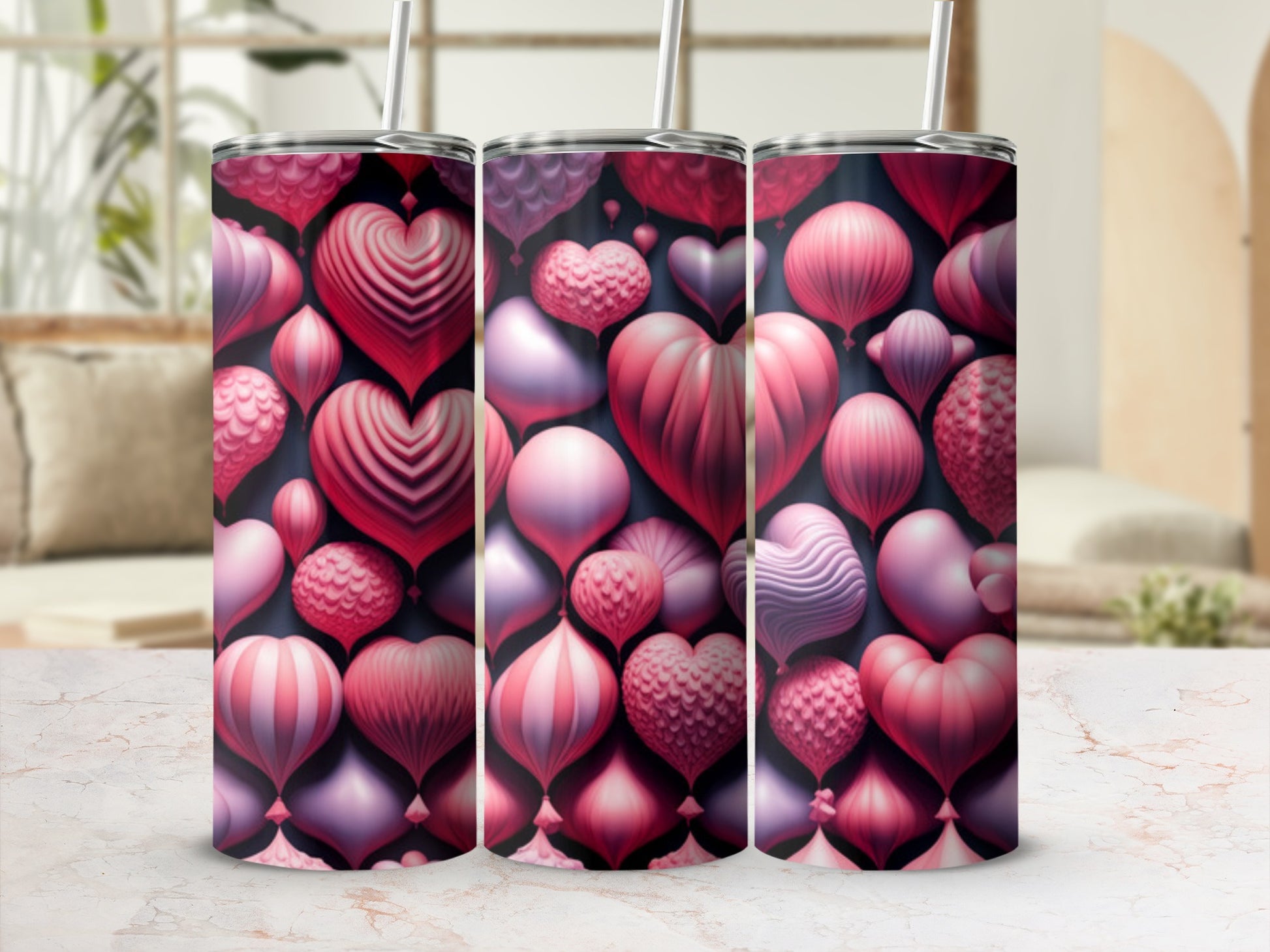 Three tumblers with a repeating pattern of pink and purple hearts.