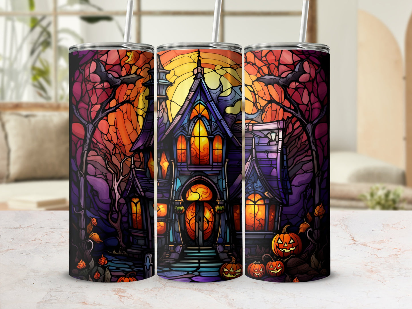Haunted house with pumpkins and stained-glass style Halloween artwork.