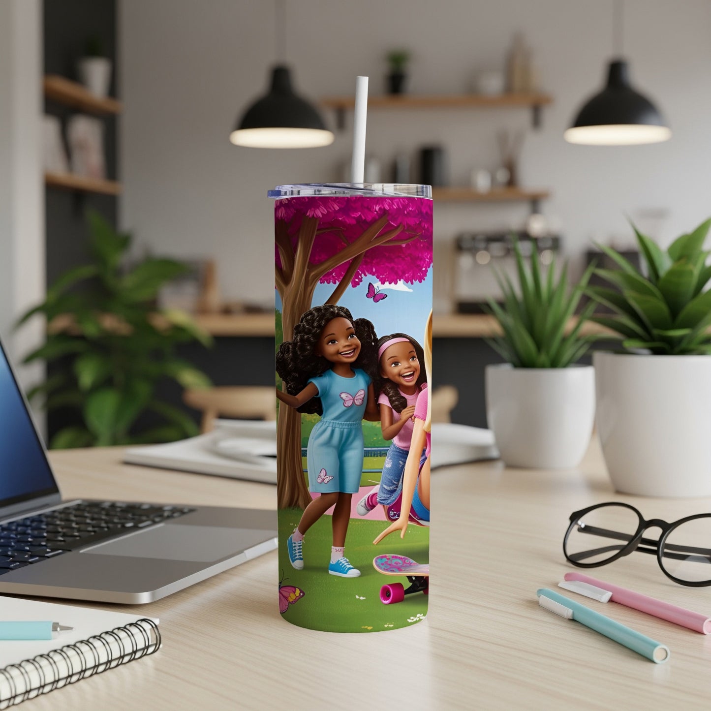 Cartoon of two happy Black girls on a skateboard with butterflies.