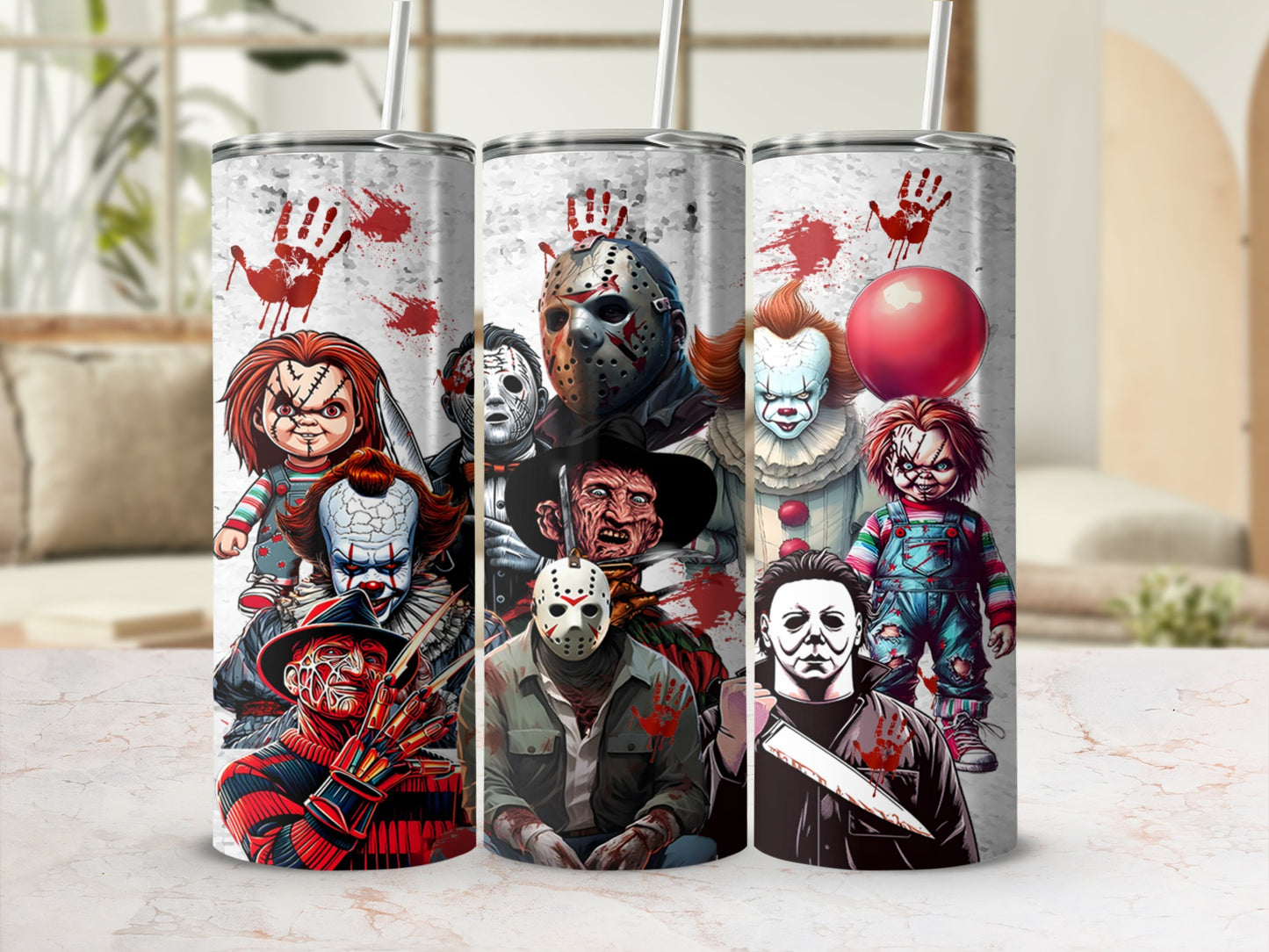 Horror movie characters Chucky, Freddy, Jason, Pennywise, and Michael Myers on tumblers.