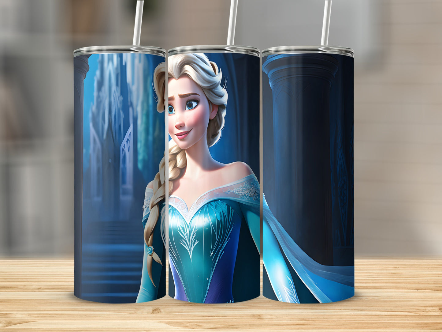 Elsa from Frozen smiling in a blue, sparkly dress on a tumbler.
