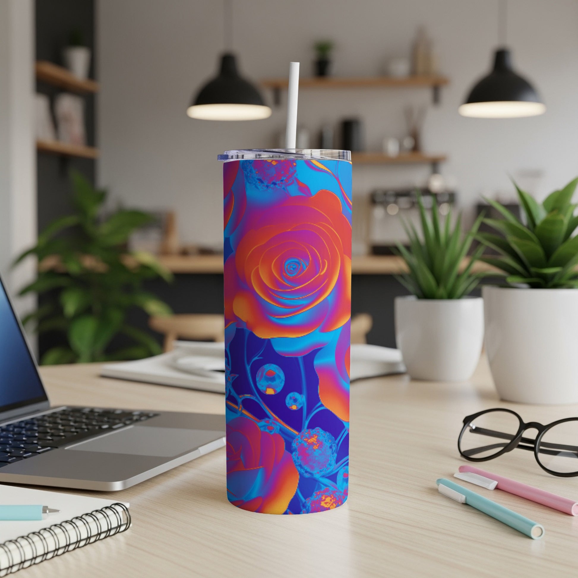 Tumbler with colorful abstract rose pattern.