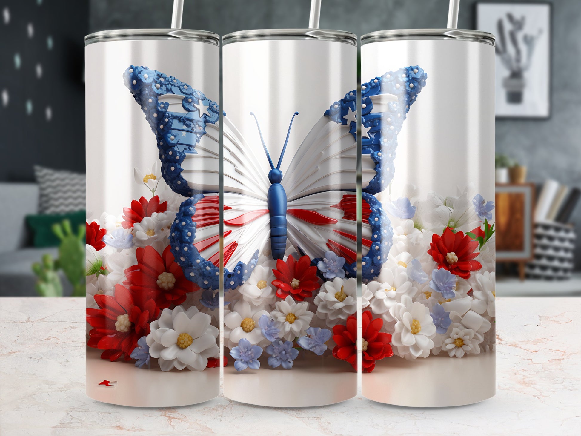 Butterfly with red, white, and blue wings on floral tumbler.