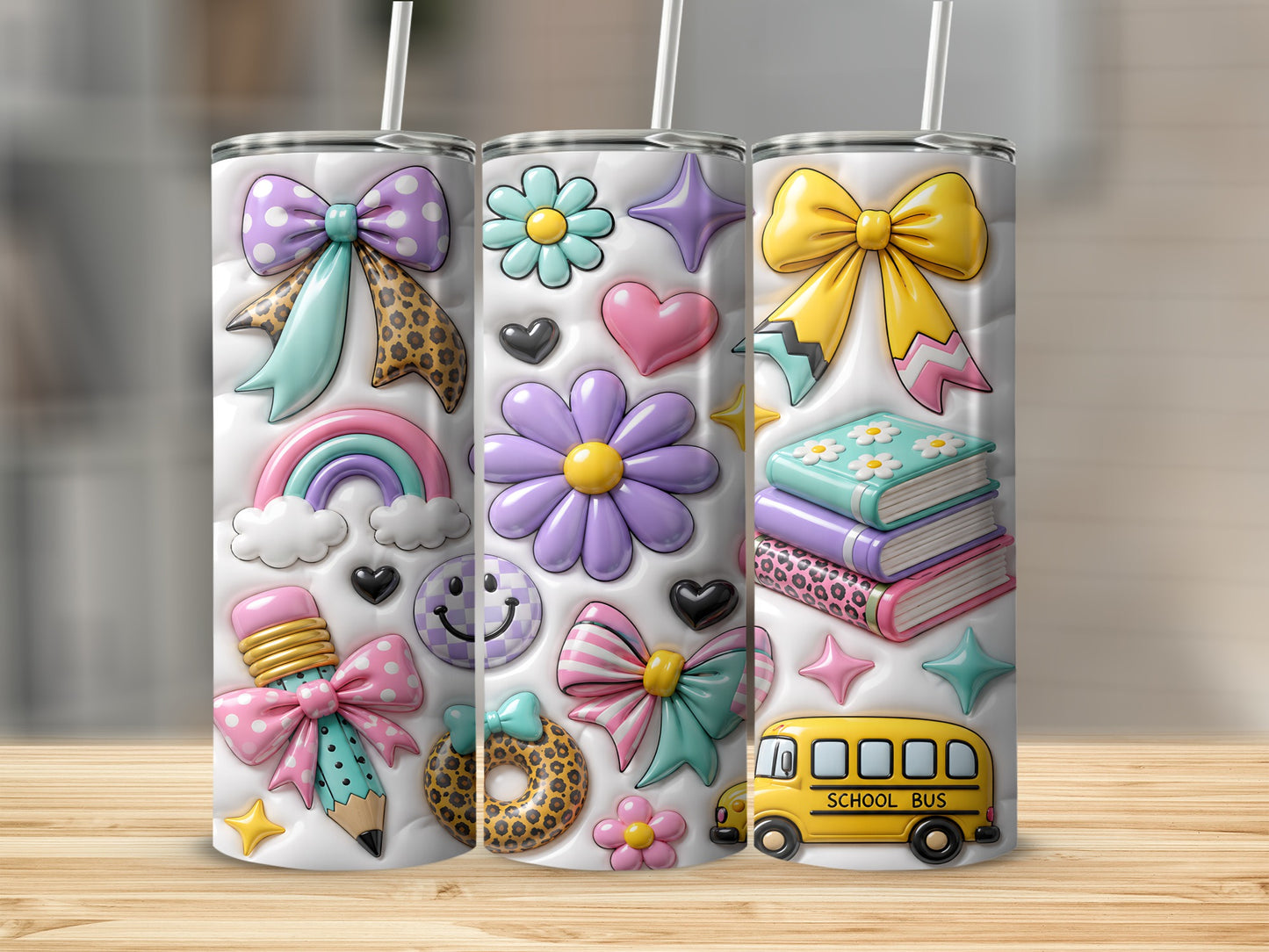 Tall skinny tumblers with school-themed graphics, including bows, books, and pencil.