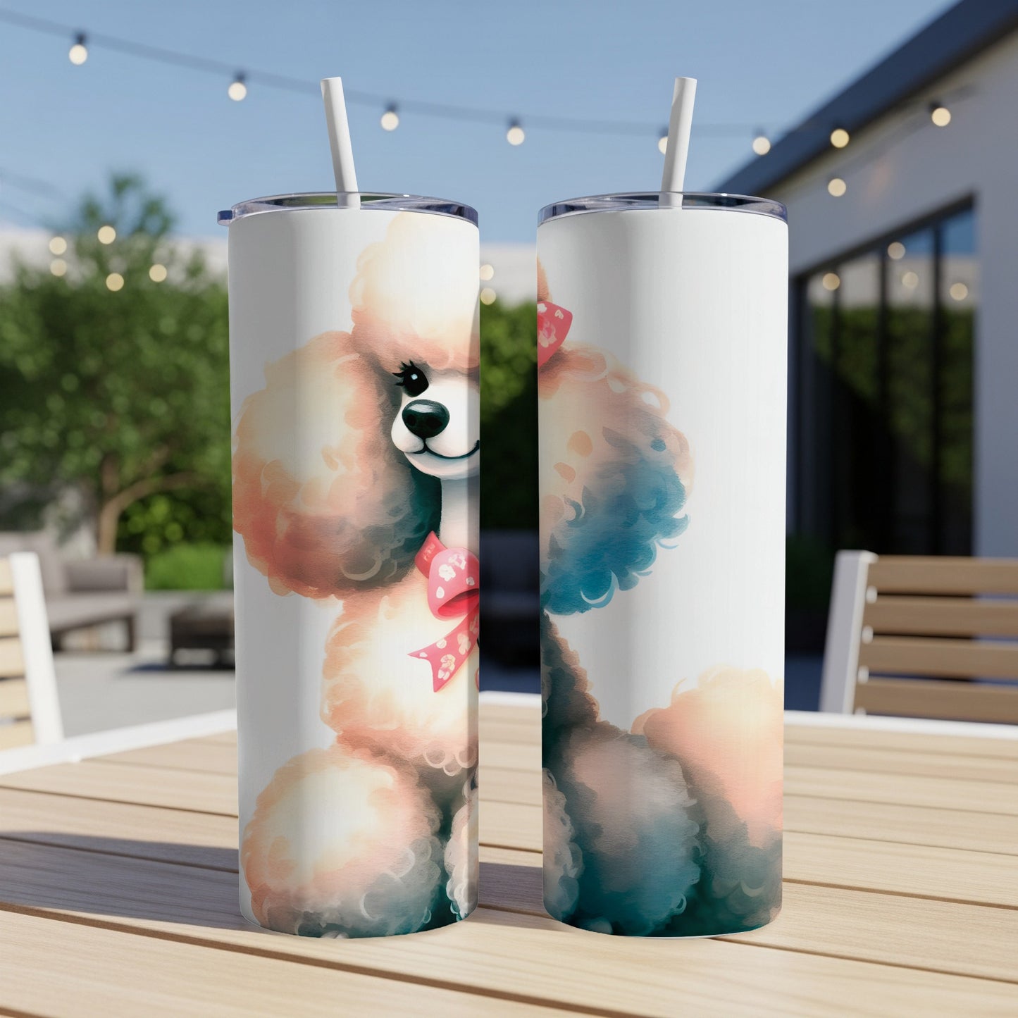 Two tall tumblers featuring a watercolor poodle with a pink bow.
