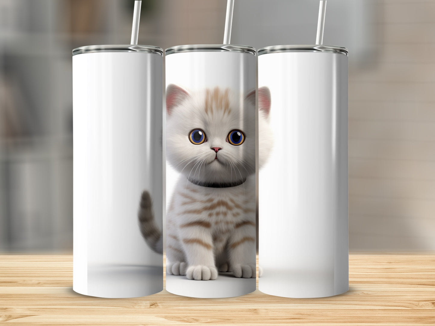 Adorable Kitten Design White Tumbler Cup with Straw