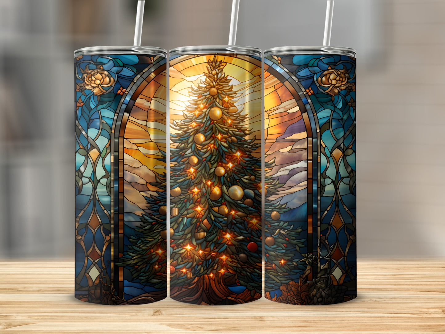 Stained glass Christmas tree with warm sunset behind it.