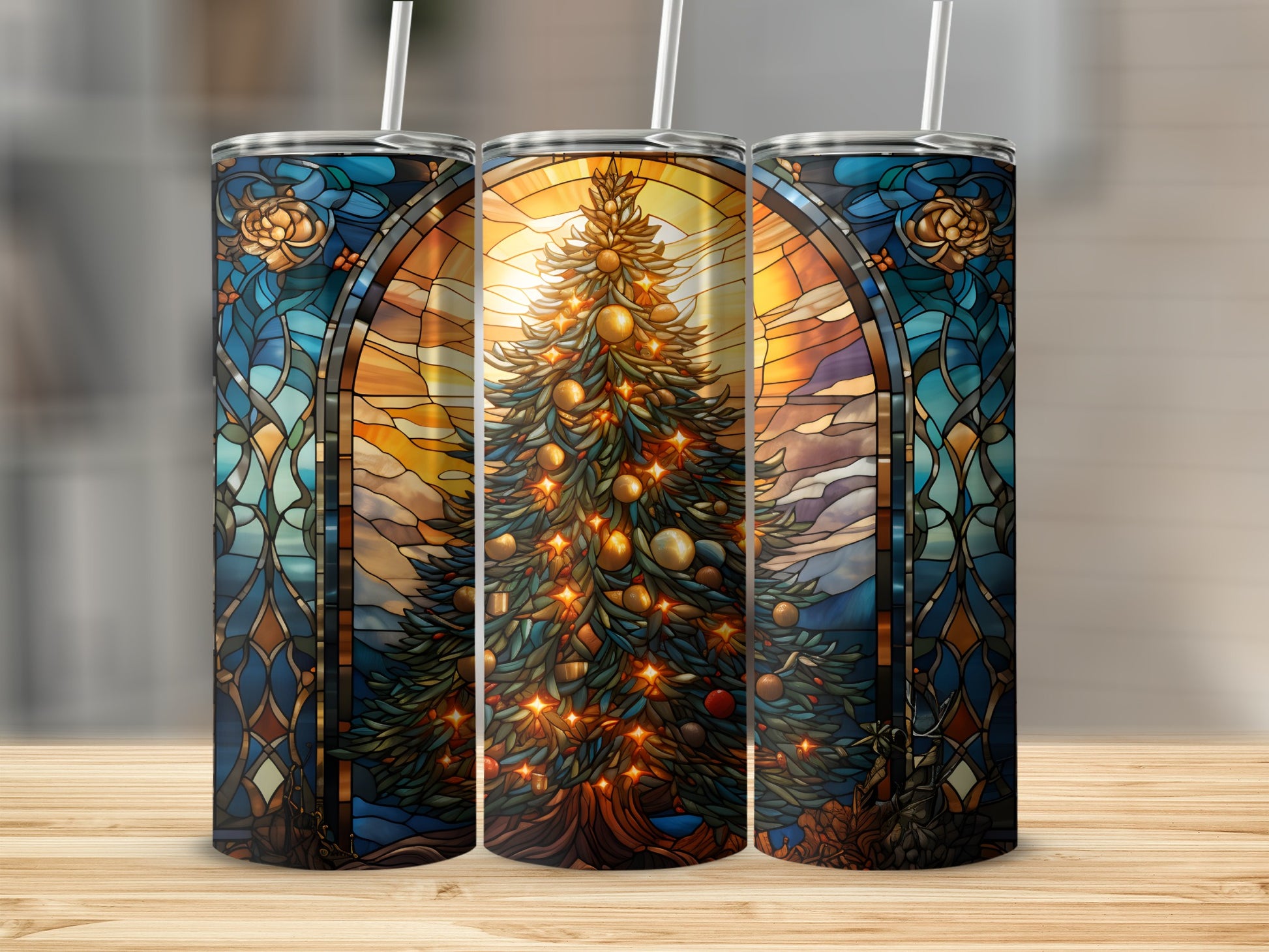 Stained glass Christmas tree with warm sunset behind it.