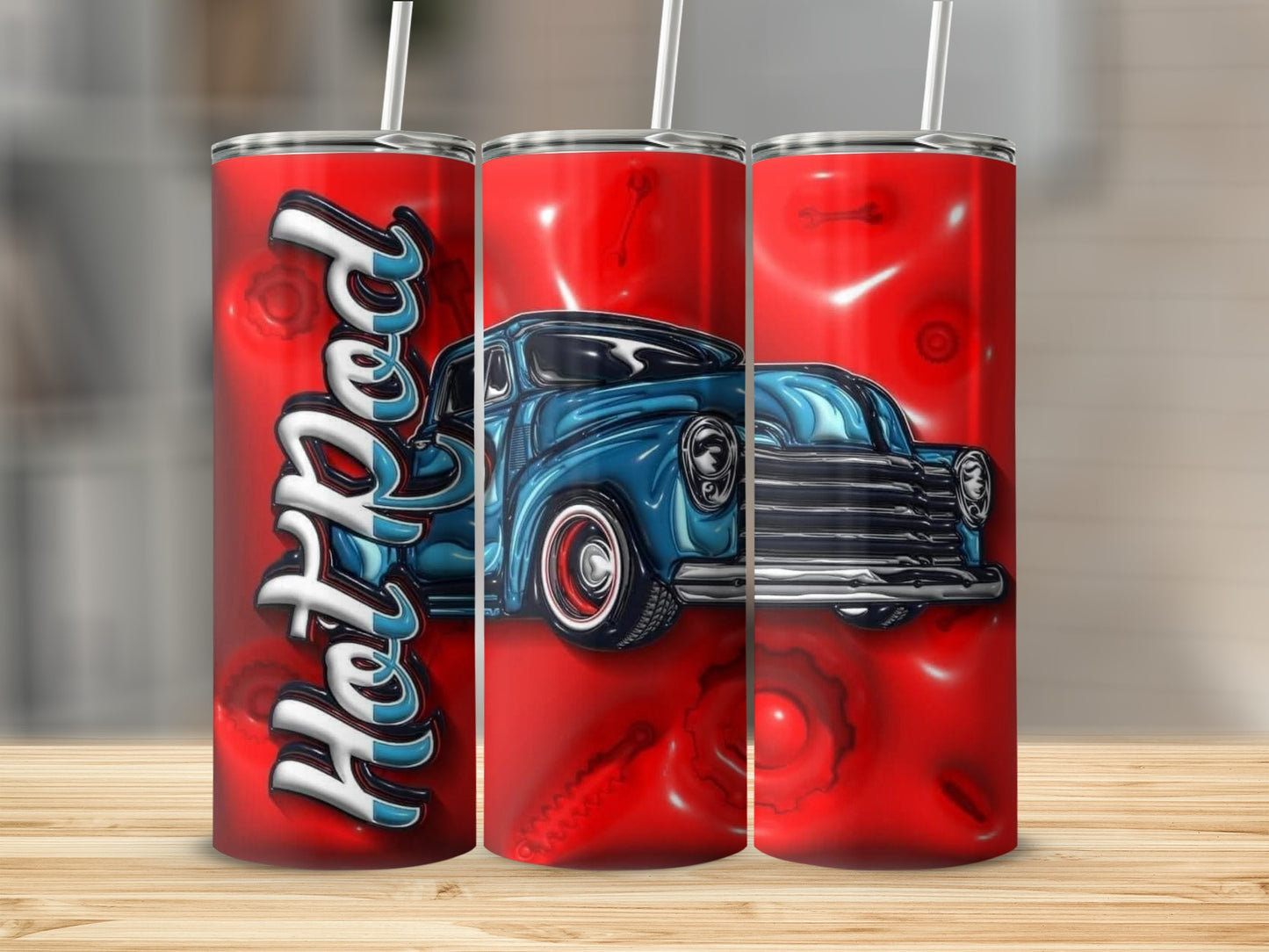 Vintage Blue Hot Rod Art on Red Tumbler
