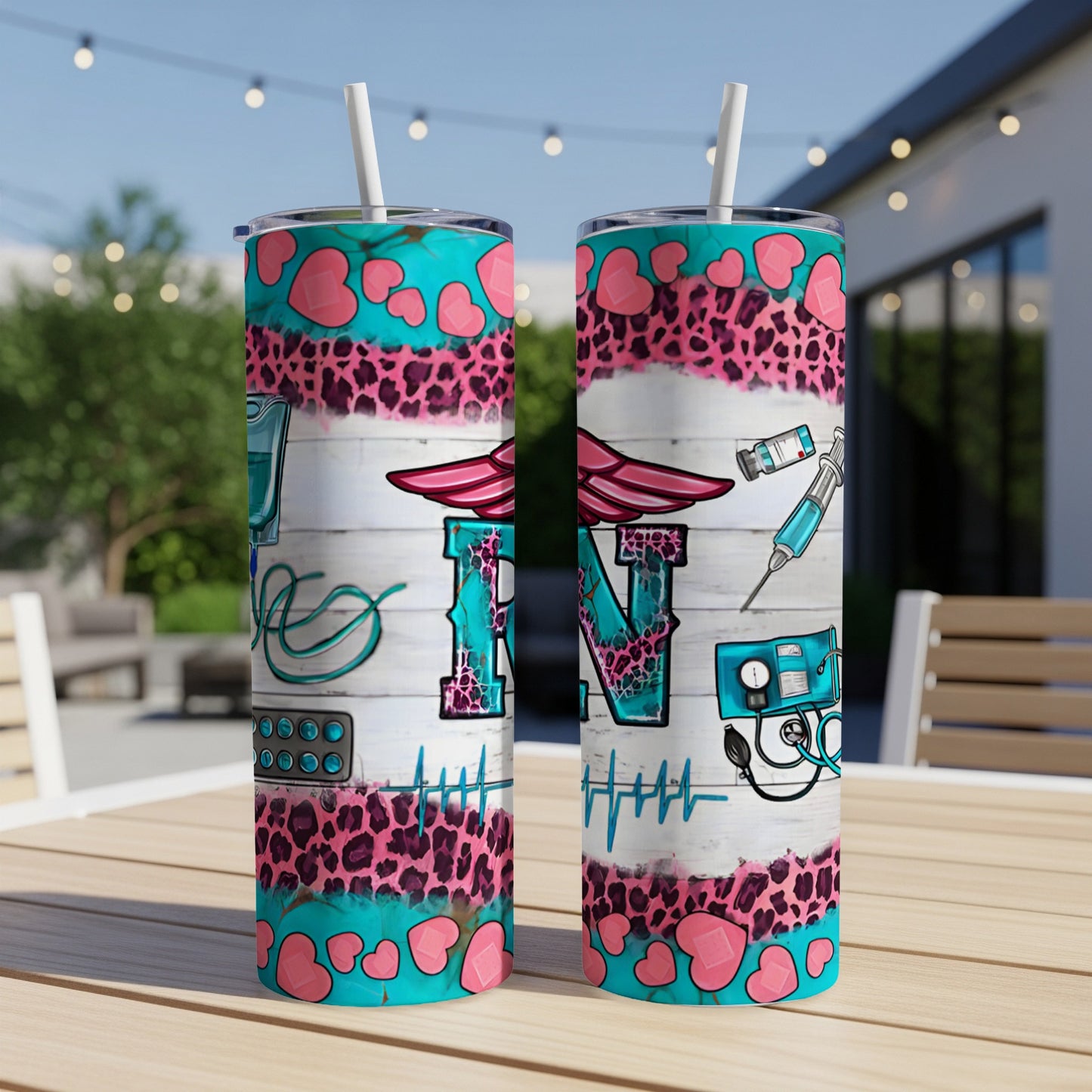 Two skinny tumblers with teal, pink, leopard, and medical graphics.