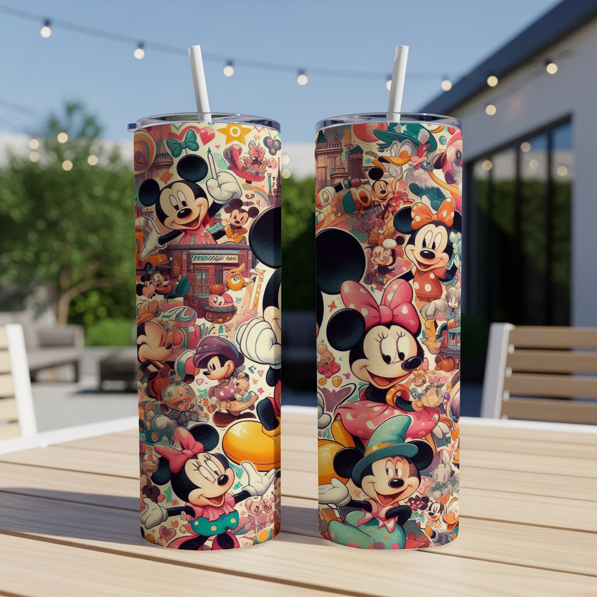 Two Disney-themed tumblers with Minnie Mouse characters and vintage cartoon art.