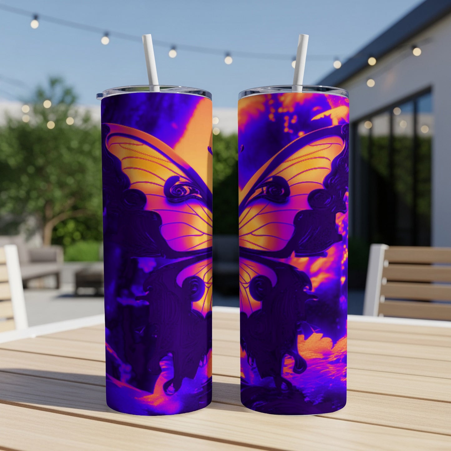 Two purple and orange abstract butterfly patterned tumblers with straws on a table.