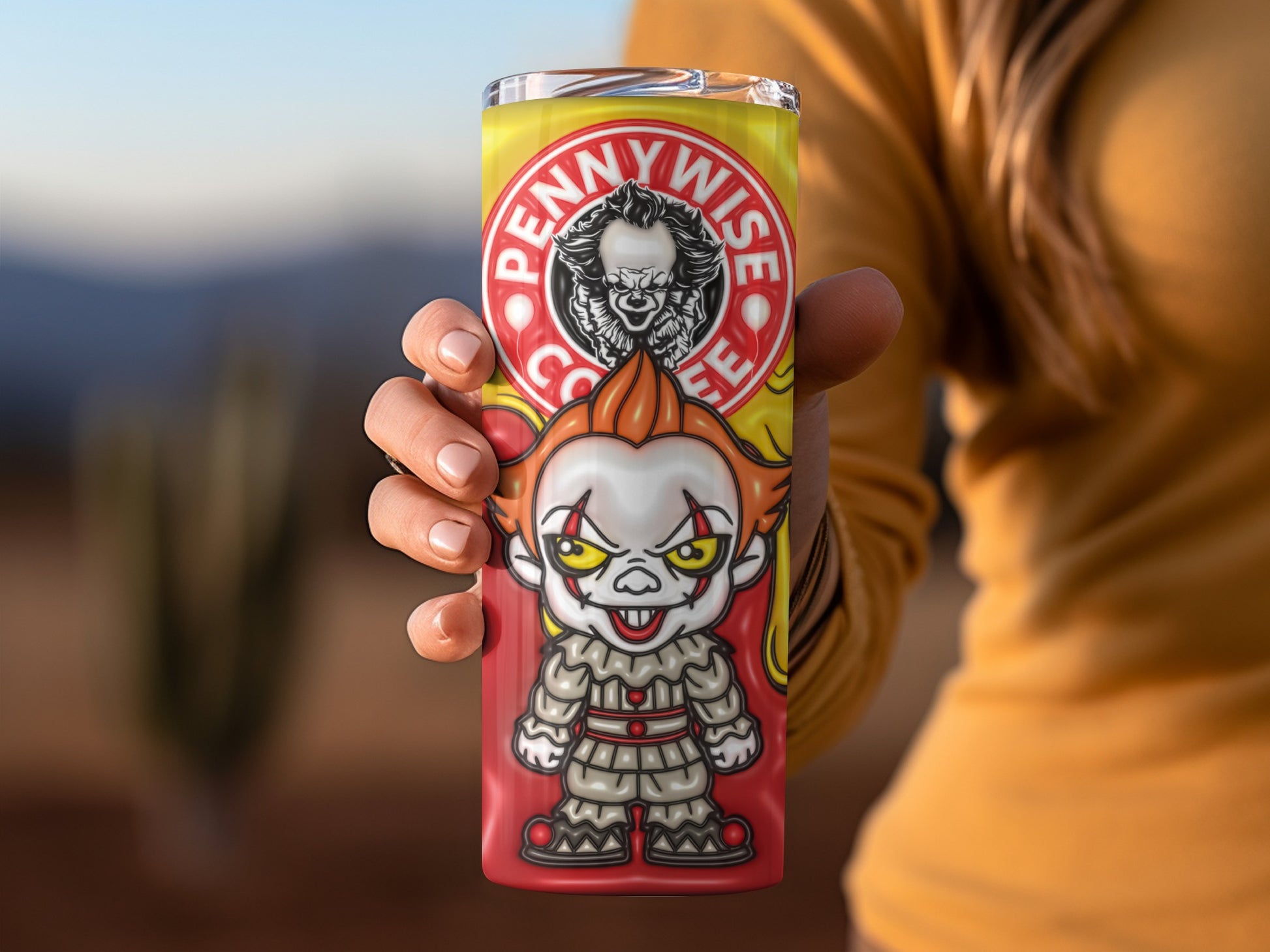 Pennywise Coffee Themed Tumbler with Creepy Graphics