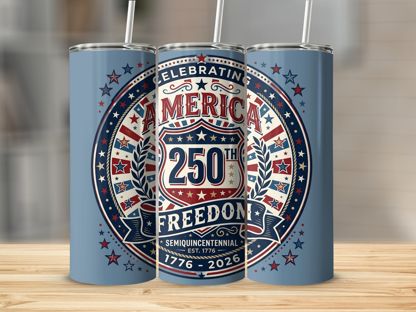 Tumbler celebrating America's 250th Semiquincentennial, 1776-2026.