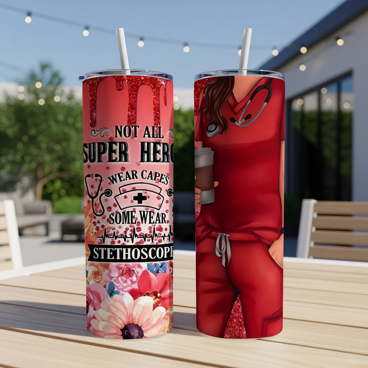 Red tumbler with "Some wear capes, some wear stethoscopes" text and floral accents.