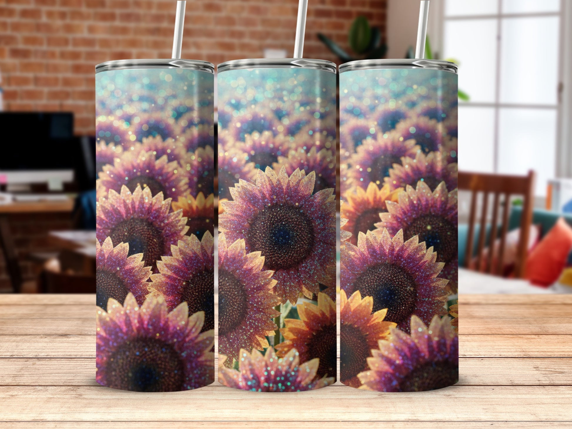 Colorful Sunflower Tumbler with Sparkling Details
