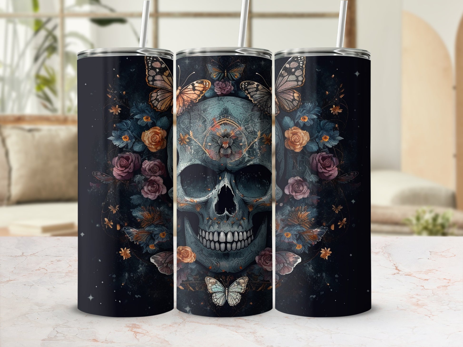 Skull with Butterflies and Flowers Tumbler
