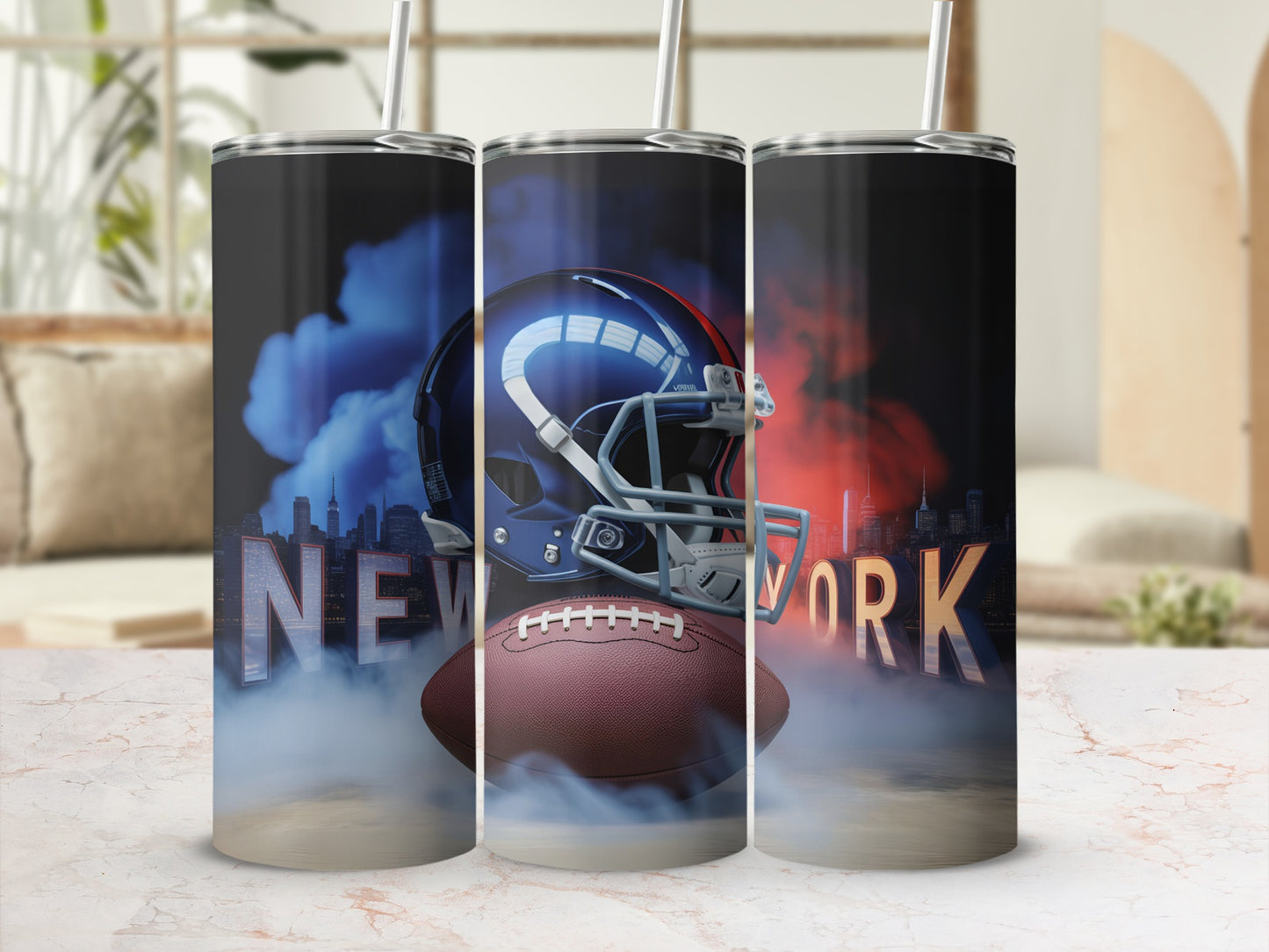Three tumblers with New York skyline, football, and helmet design.
